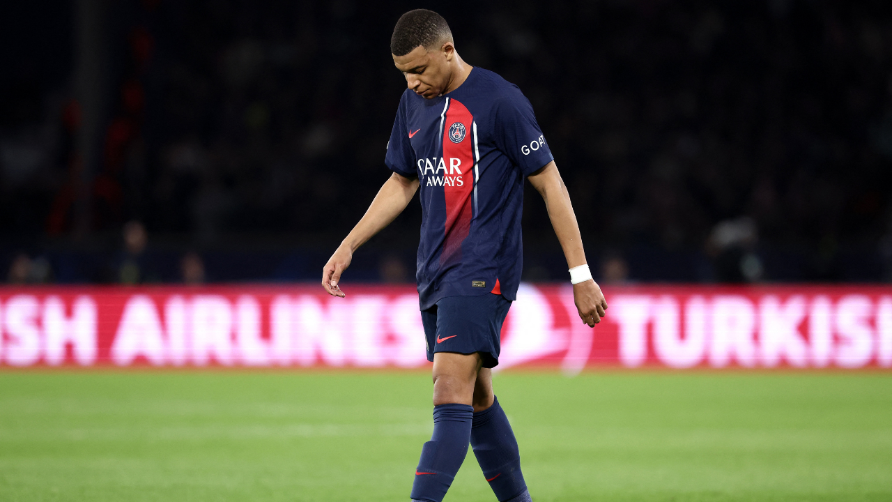 ​Kylian Mbappe walks on the pitch during the UEFA Champions League round of 16 tie between PSG and Real Sociedad at the Parc des Princes.