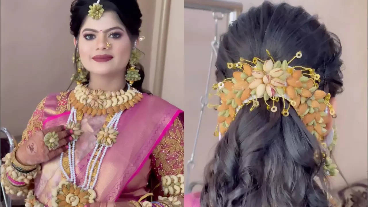 A Kalyan woman poses in offbeat dry fruit jewellery ahead of her baby shower. | Courtesy: Vasudhaa Makeover/Instagram