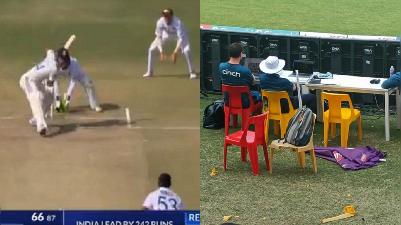 Yashasvi Jaiswal breaks a chair in England's dugout with a six off Rehan Ahmed's bowling