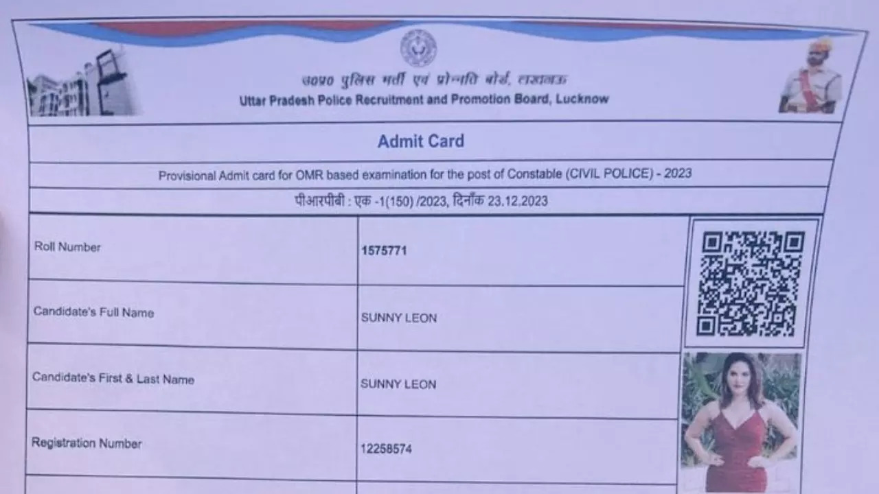 The admit card contained two photographs of Sunny Leone alongside her misspelt name. | Courtesy: UP Police/Kannauj Police