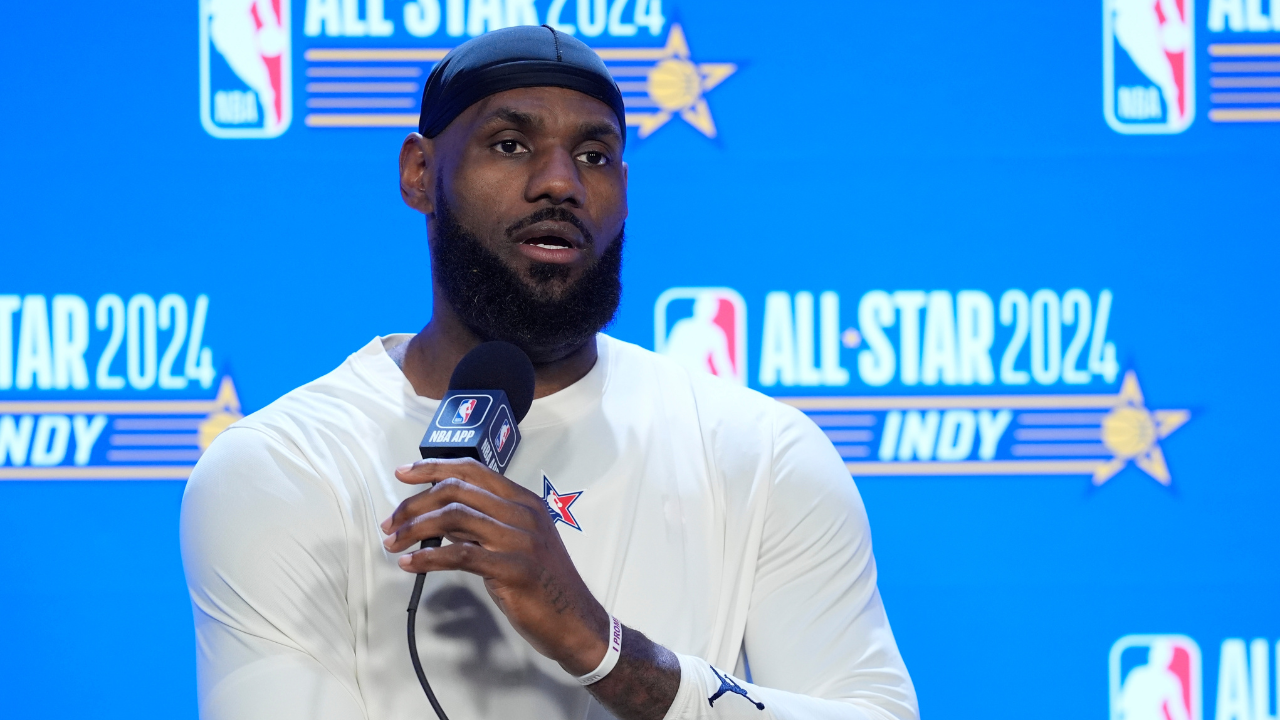 Los Angeles Lakers' LeBron James speaks during a news conference before the NBA basketball All-Star game.