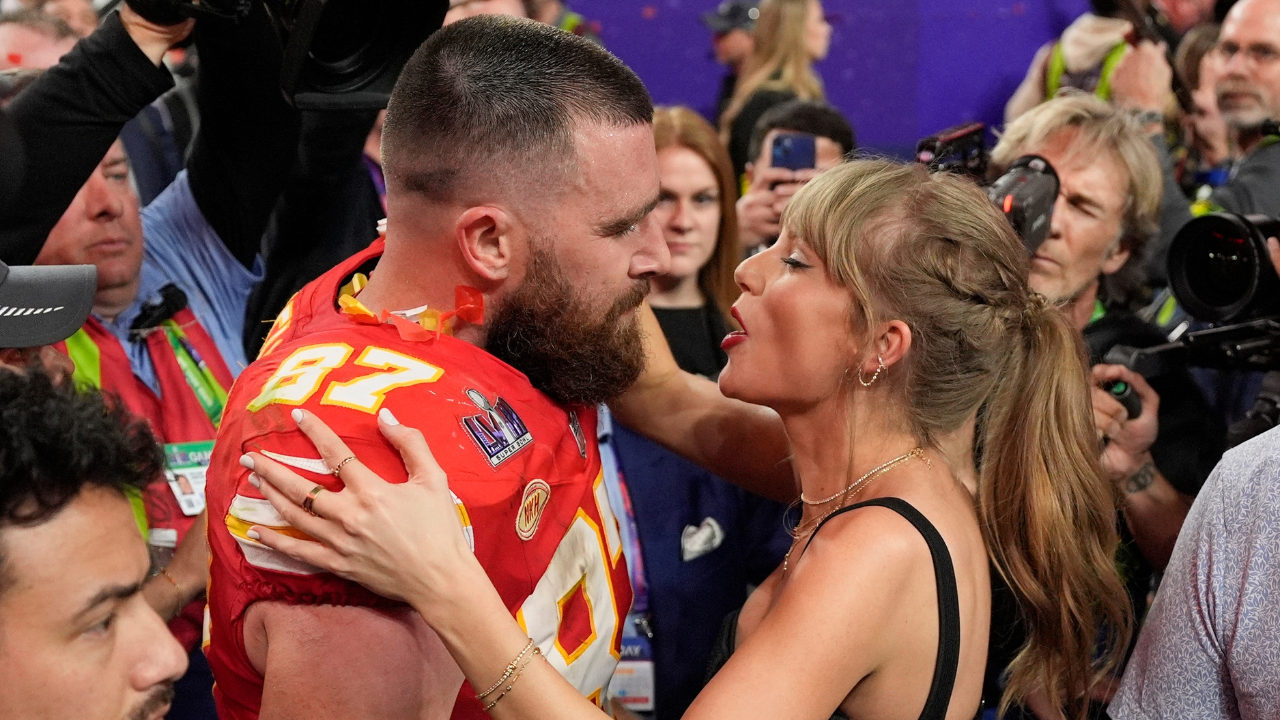 The ​Kansas City Chiefs tight end Travis Kelce and Taylor Swift after the NFL Super Bowl 58 football game at Allegiant Stadium.​