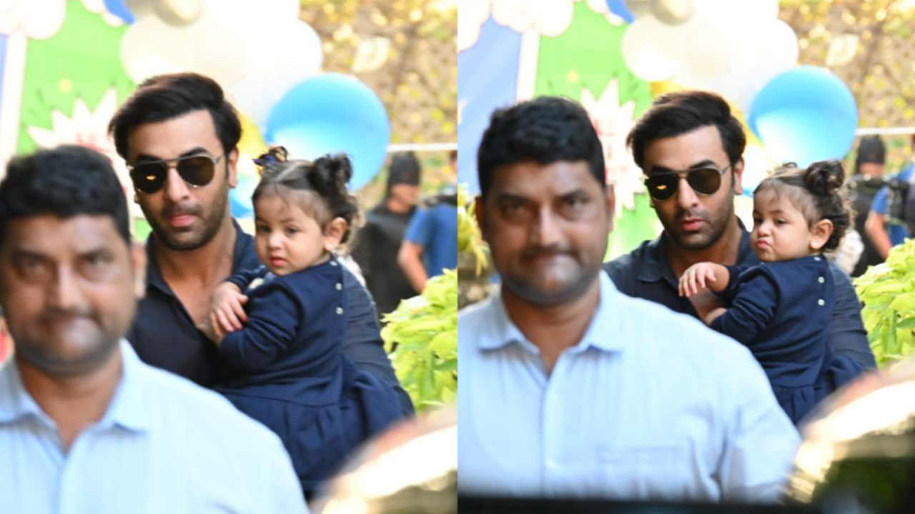 Ranbir Kapoor Arrives Holding Daughter Raha at Jeh's Birthday Bash; Adorable Expressions Of Alia's Lil One Capture Hearts