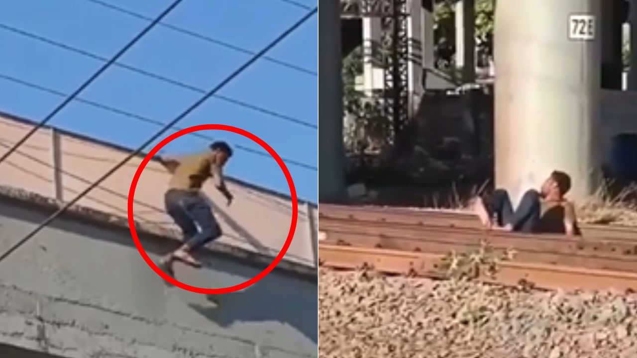 A man jumps from a FOB of Bhayandar directly on the tracks.