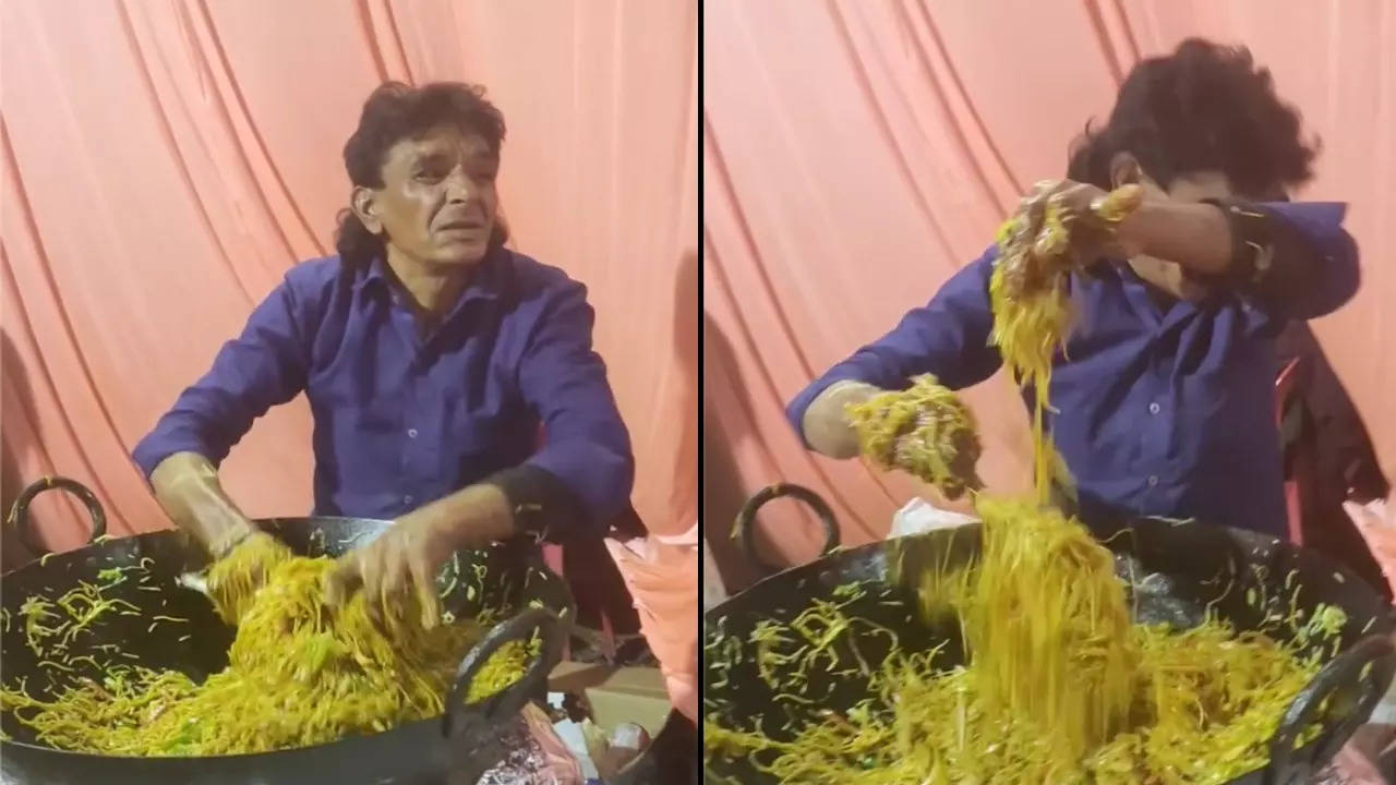 A catering chef prepares noodles with his bare hands. | Courtesy: Mukendra Maurya/Instagram