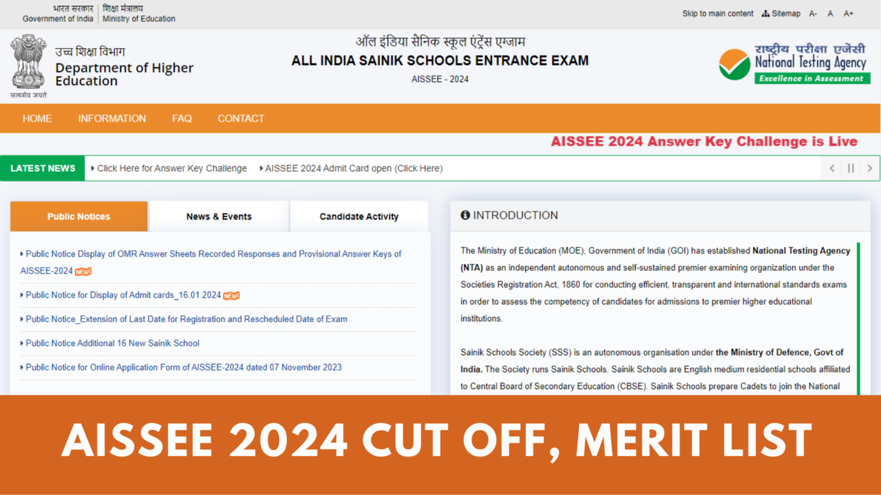 Sainik School Cut Off Marks 2024: AISSEE Class 6, 9 Result, Merit List Soon on exams.nta.ac.in