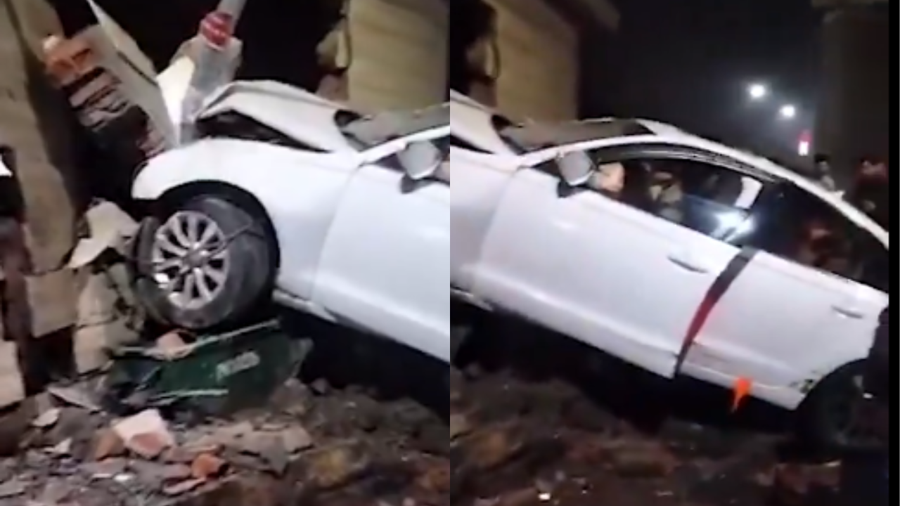 Uncontrolled Audi crashes into a toilet, near the bus stand in Sector 37, Noida.