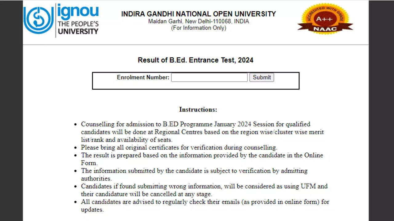 IGNOU BEd Result 2024 Released on ignou.ac.in, Counselling Schedule soon