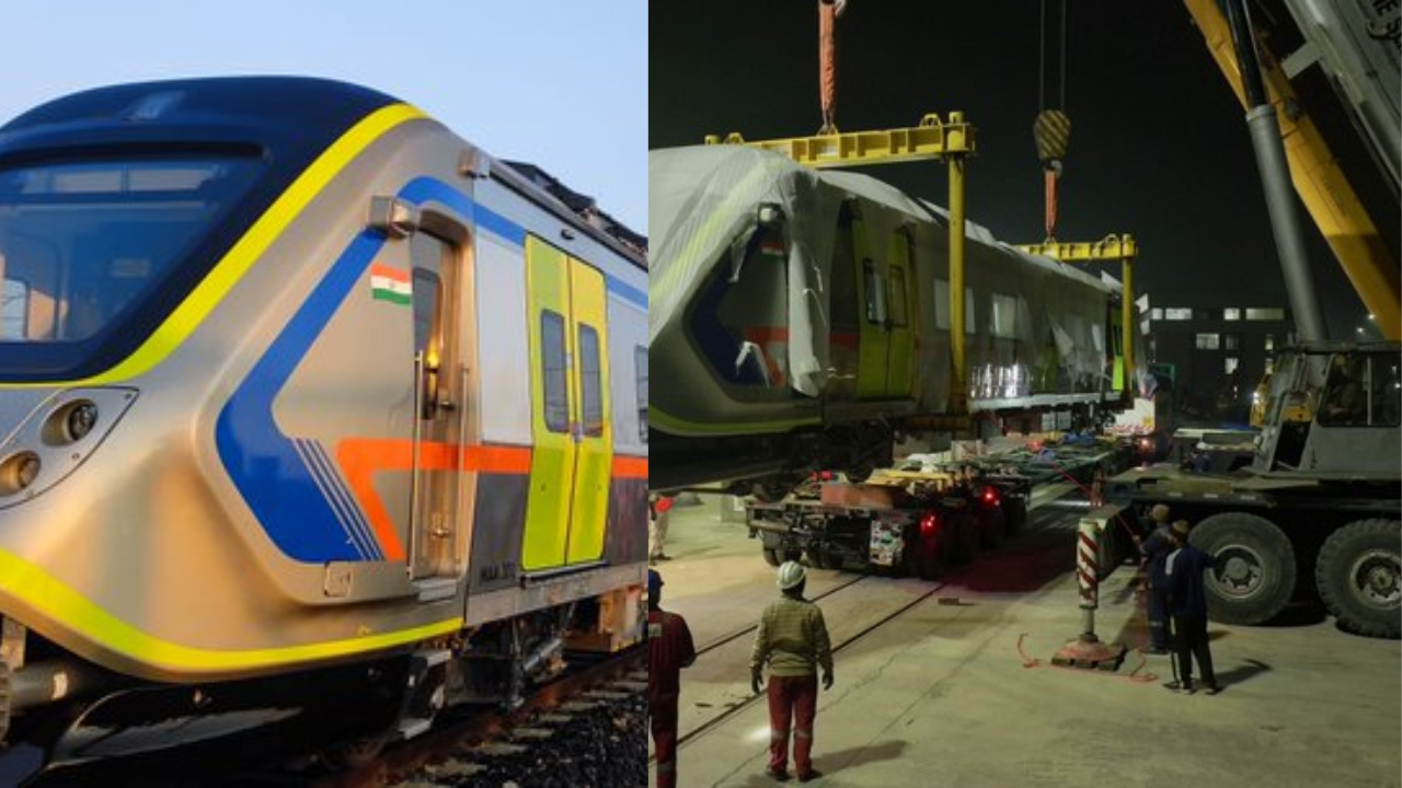 The first Meerut Metro trainset arrived at the NCRTC Depot in Duhai, Ghaziabad. (Credits: Twitter/@officialncrtc)