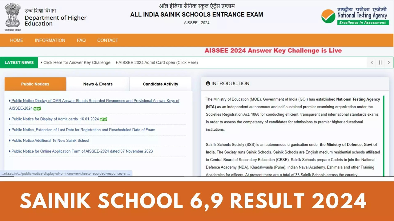 Sainik School Result 2024: AISSEE Class 6, 9 Result Soon on exams.nta.ac.in, Where and How to Check