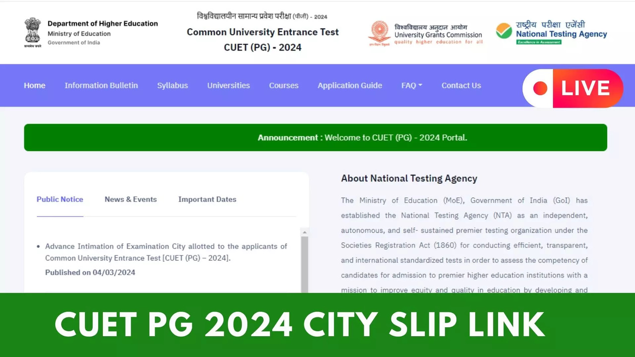 CUET PG 2024 Exam City Slip Out at pgcuet.samarth.ac.in, Admit Card on March 7