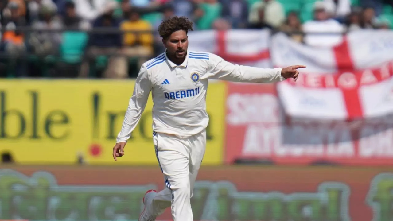 Kuldeep Yadav celebrates a wicket during the fifth Test between India and England on Thursday in Dharamsala.