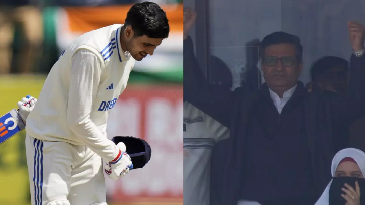 Shubman Gill's father celebrates after he completes his 4th century in Test cricket.