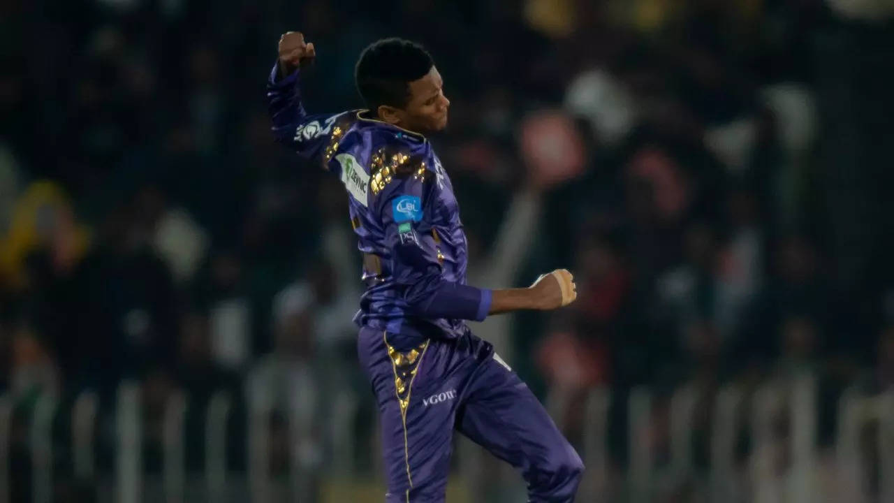 Akeal Hosein celebrates a wicket during PSL 2024 clash between Quetta Gladiators and Peshawar Zalmi on Friday.