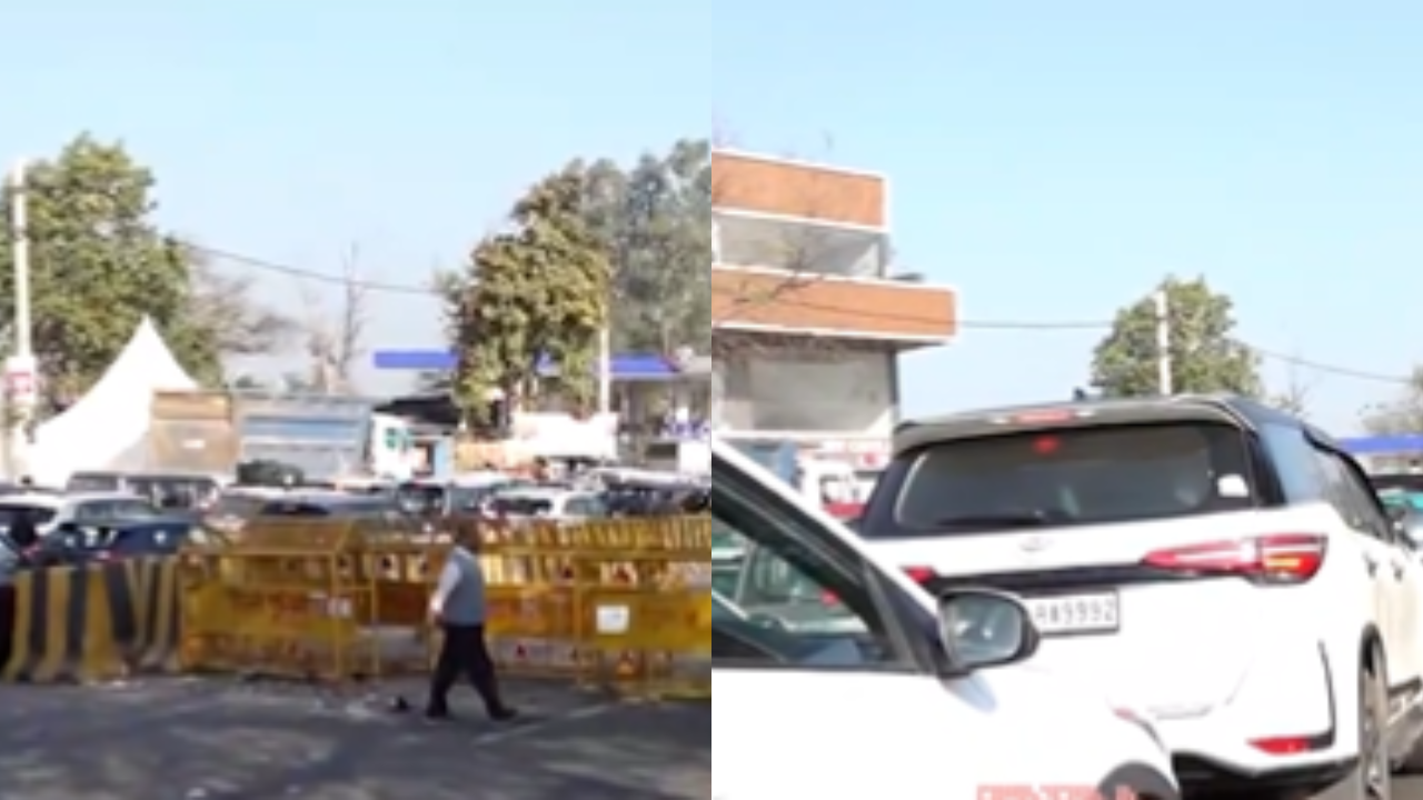 Heavy traffic at Singhu border due to police barricading in view of farmers' protest.