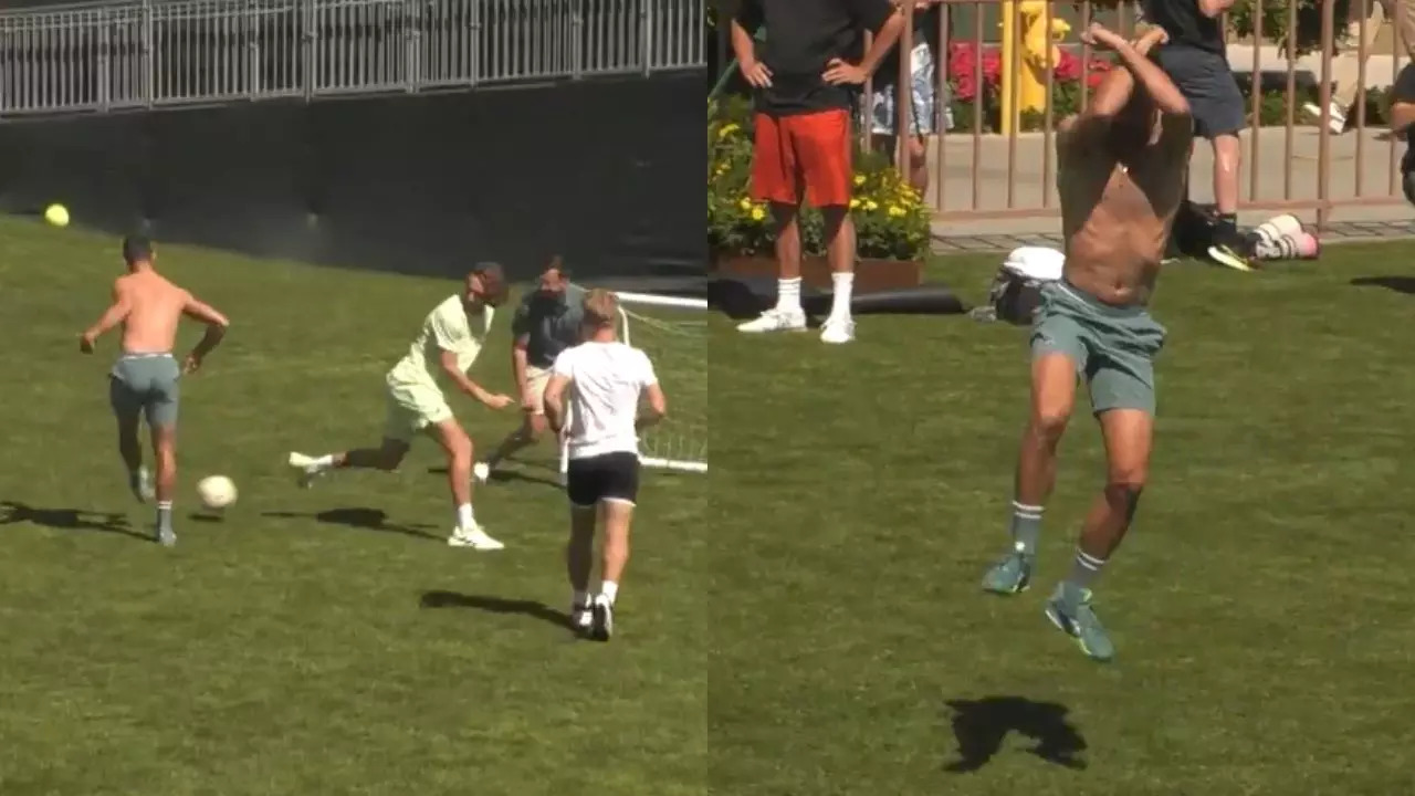 Novak Djokovic playing football in Indian Wells.