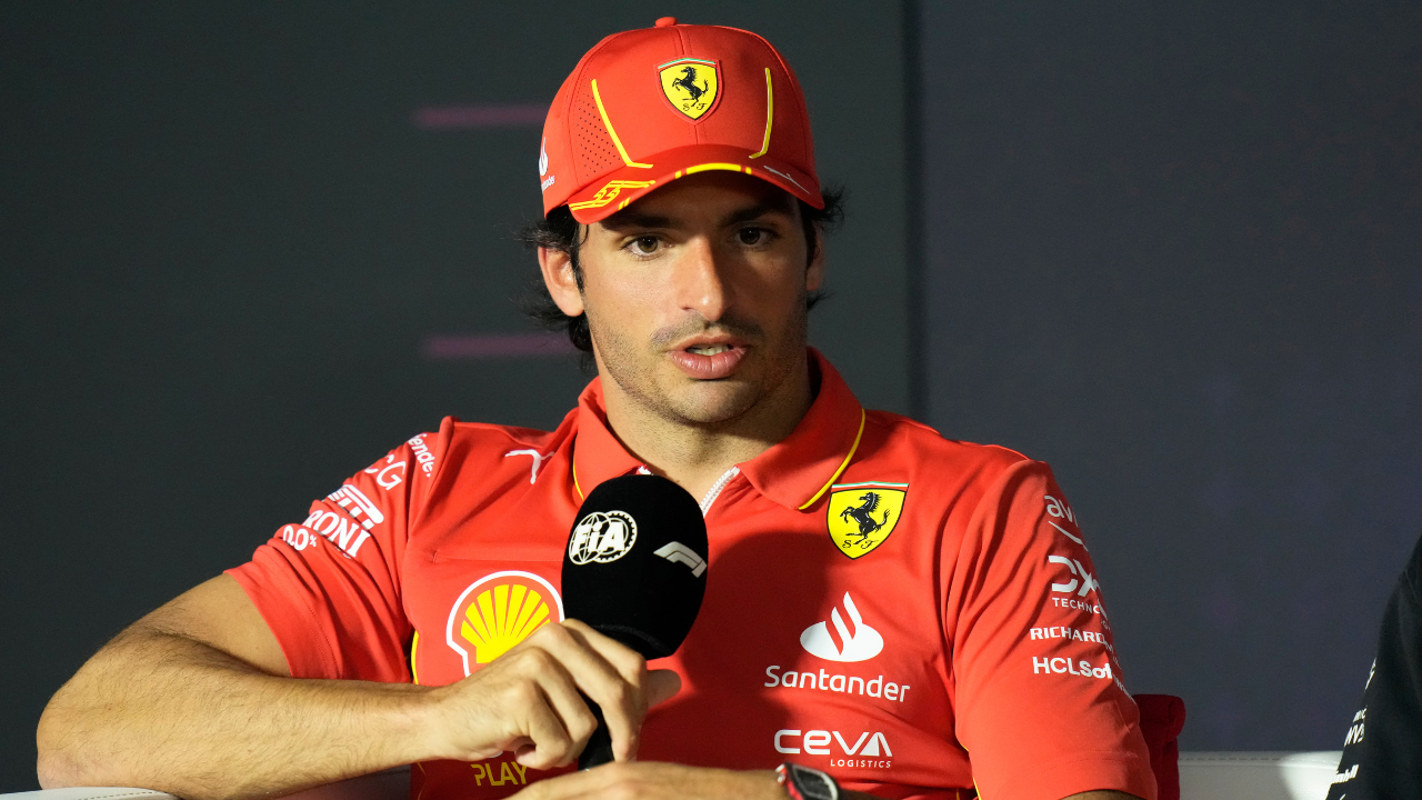 Carlos Sainz speaking to the press ahead of Bahrain GP