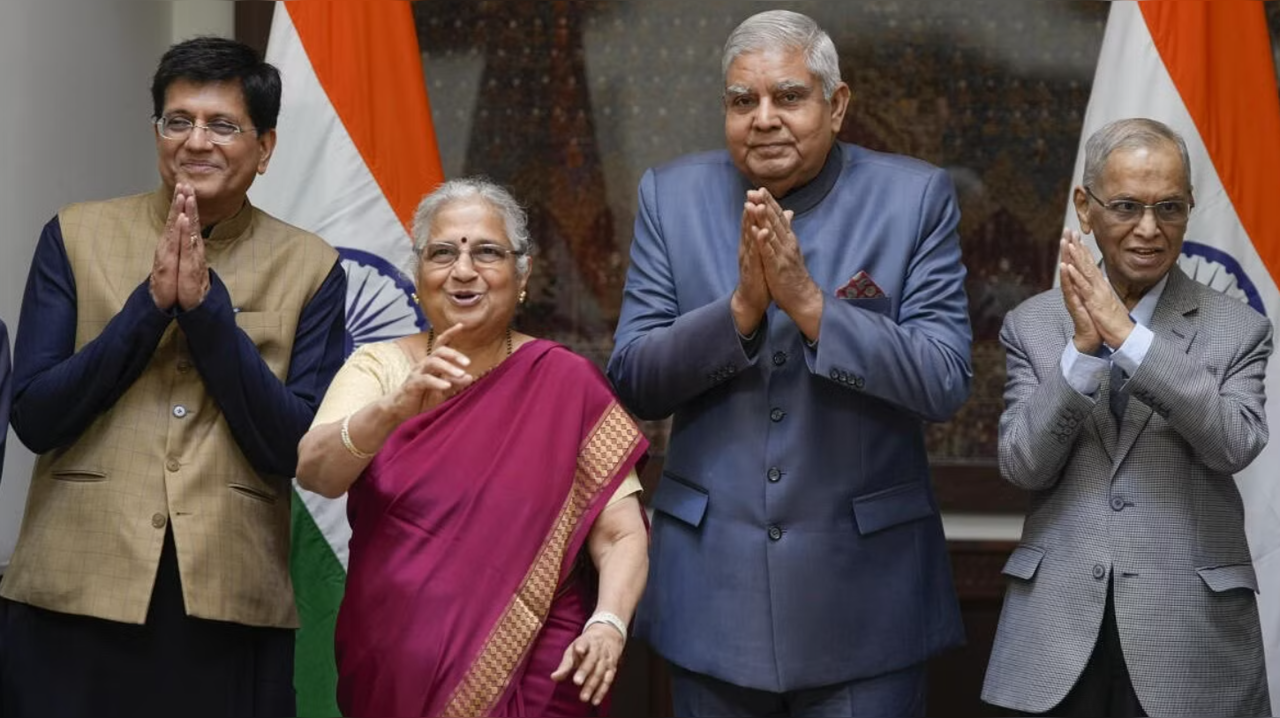 Rajya Sabha Chairman Jagdeep Dhankhar with philanthropist and author Sudha Murty, Infosys co-founder N R Narayana Murthy and Leader of the House Piyush Goyal