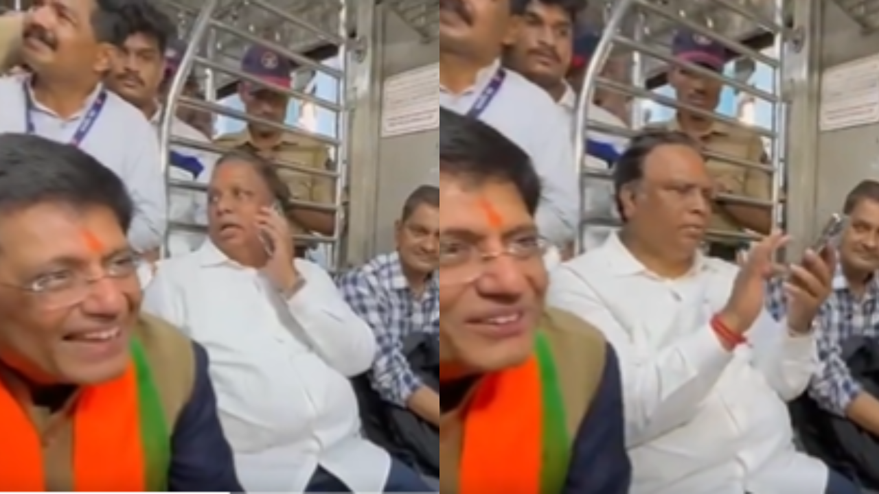 Union Minister Piyush Goyal travels in a Mumbai local train.