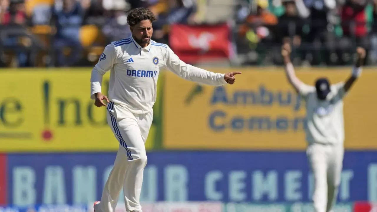 Kuldeep Yadav celebrates Jonny Bairstow's dismissal during India vs England, fifth Test in Dharamsala.