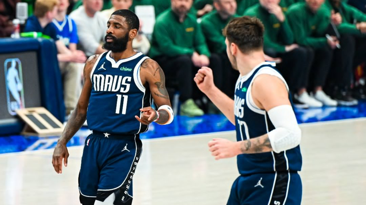 Luka Doncic and Kyrie Irving in action against the Denver Nuggets]