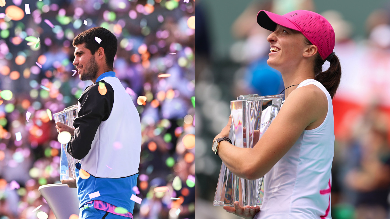 Carlos Alcaraz and Iga Swiatek with their respective Indian Wells Crowns