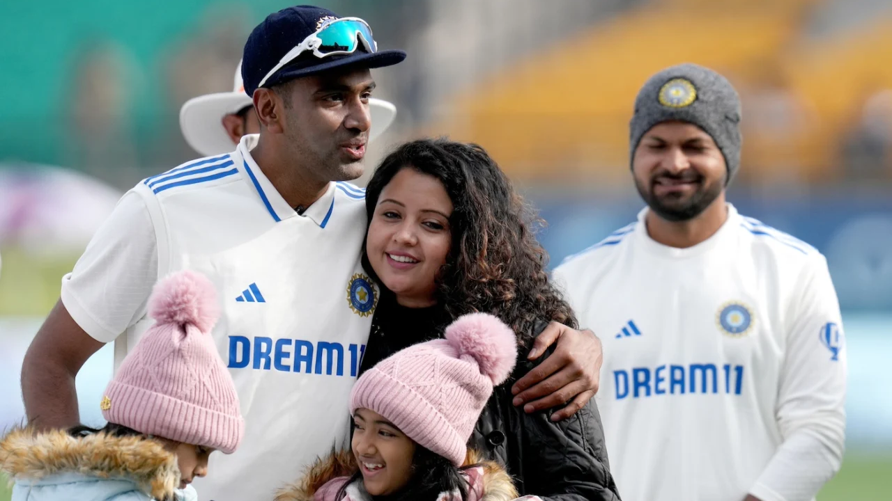 Ravichandran Ashwin with his wife and children in Dharamsala ahead of his 100 Test match.