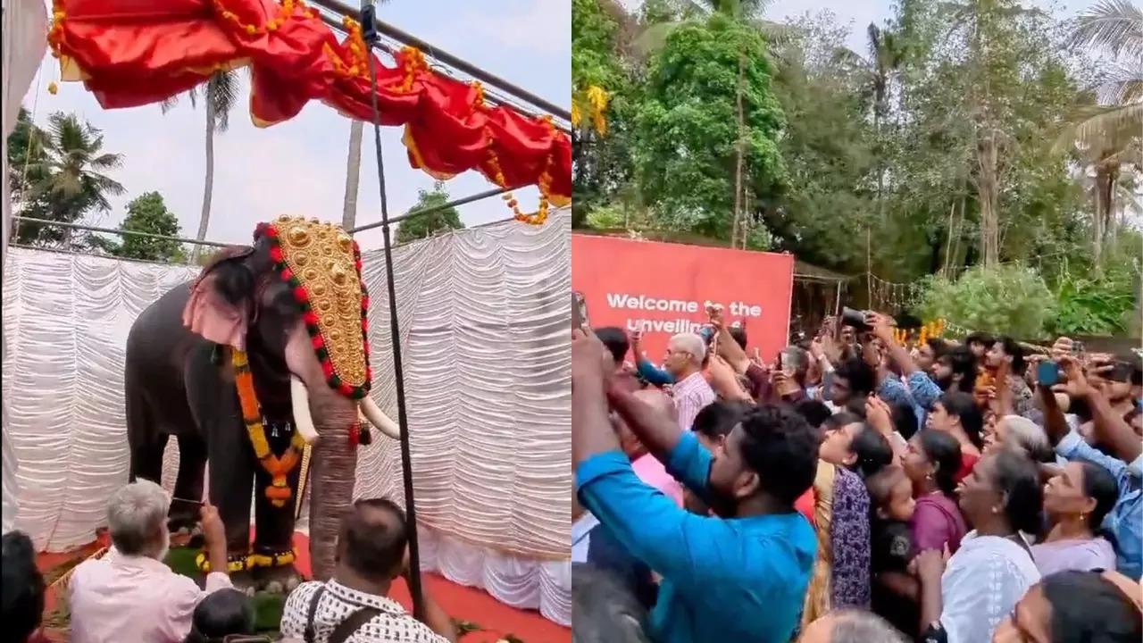 Temple-goers film the unveiling of Mahadevan, the mechanical elephant. | Courtesy: PETA India/X