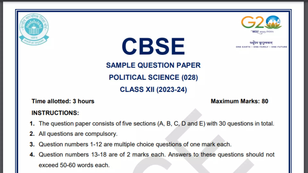 CBSE Class 12 Political Science Sample Paper 2024 PDF, Marking Scheme & PYQs