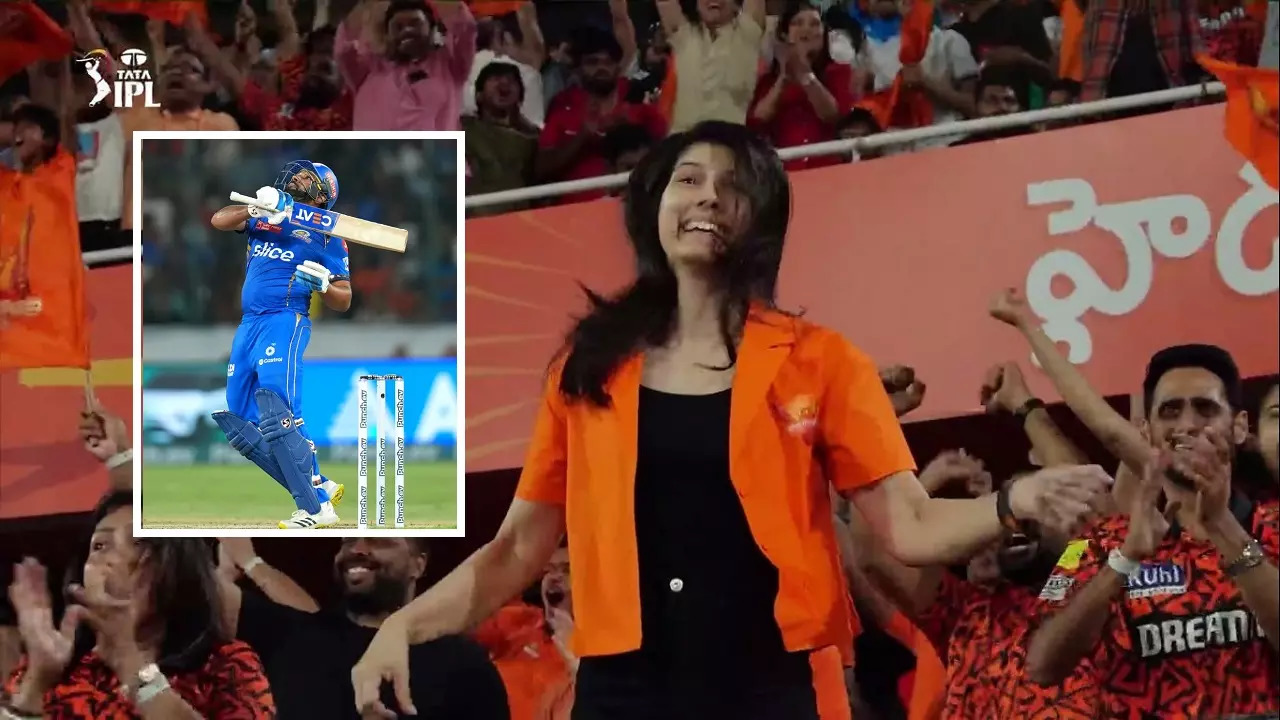 Kavya Maran celebrates after Rohit Sharma's wicket.