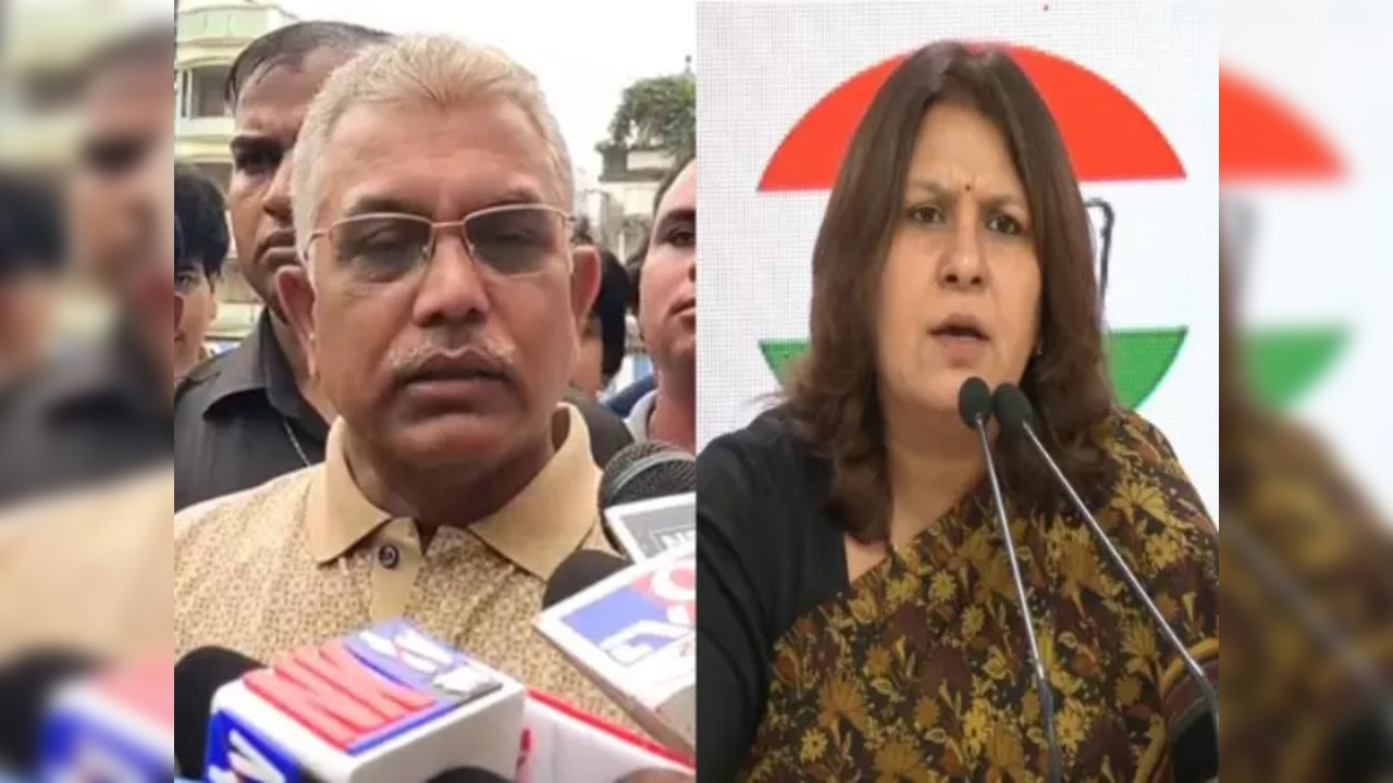 BJP MP Dilip Ghosh (L), Congress' Supriya Shrinate (R)