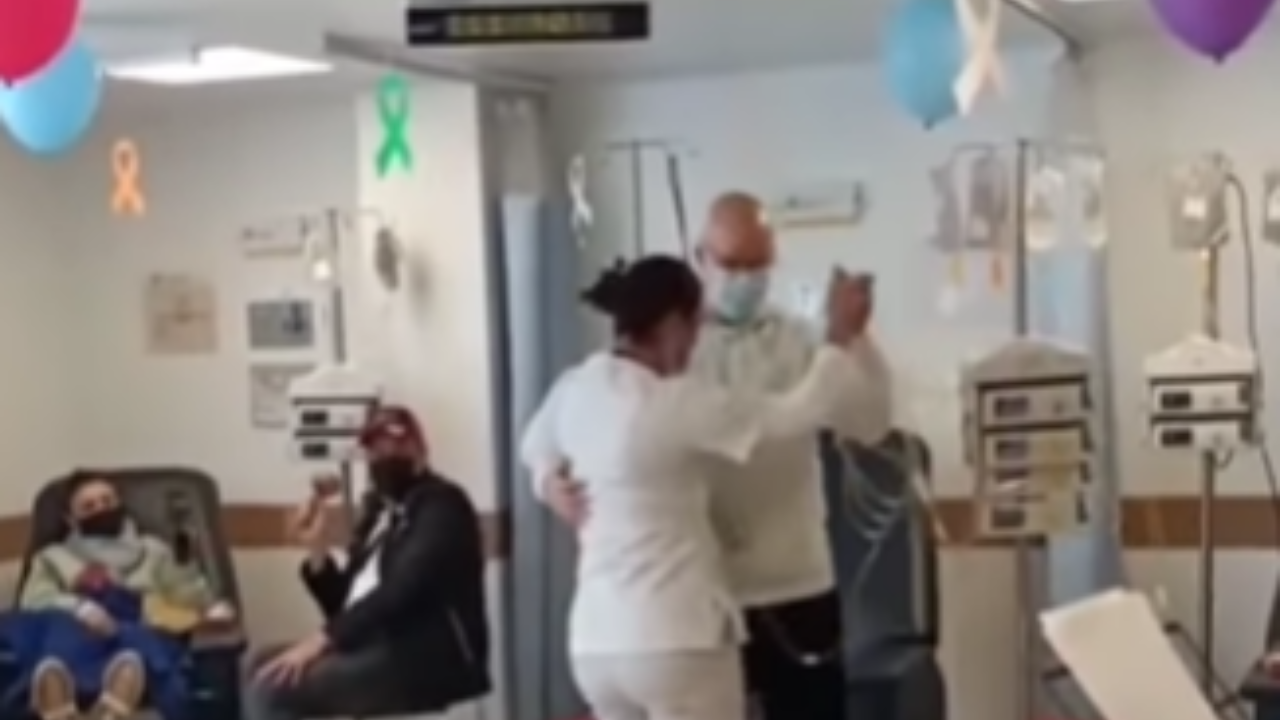 In the video, Jason, undergoing chemotherapy, is seen enjoying a dance with a nurse.