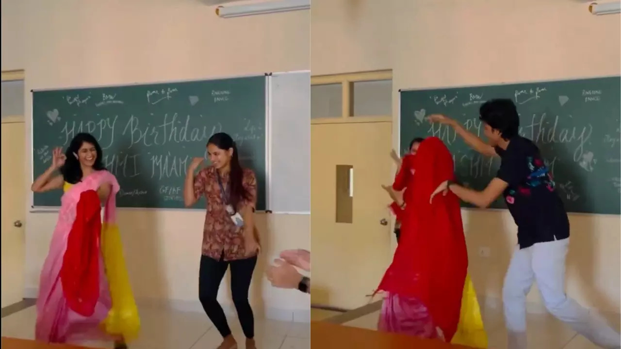 Students join their teacher in her dance to the song 'Kajra Re' in class. | Courtesy: @yeazlas/X