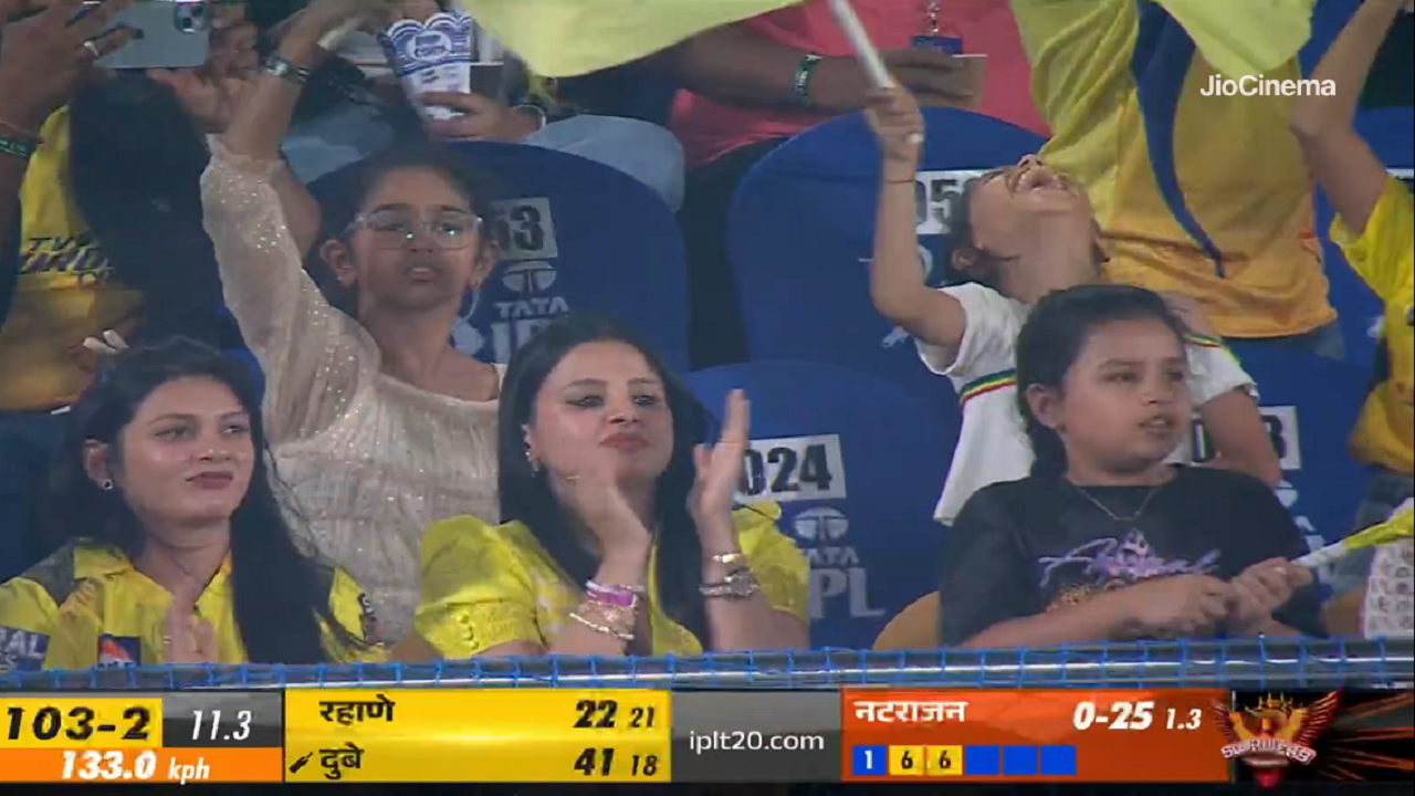 Sakshi Dhoni celebrates after Shivam Dube hits T Natrajan for back-to-back sixes in IPL 2024 match