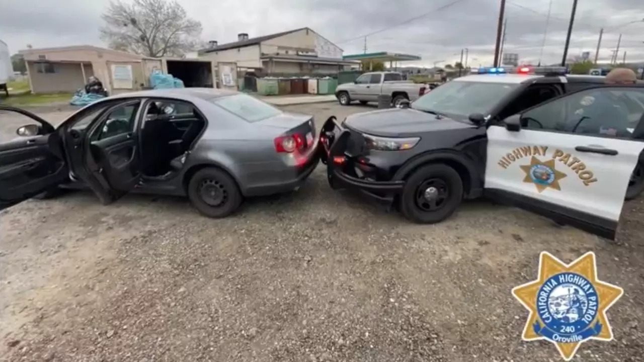 A police cruiser intercepts the 9-year-old driver. | Courtesy: Oroville California Highway Patrol