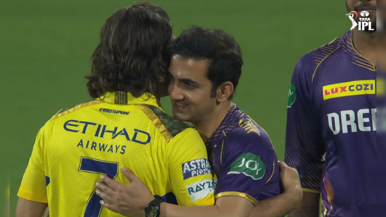 Gautam Gambhir hugs MS Dhoni after CSK beat KKR in IPL 2024