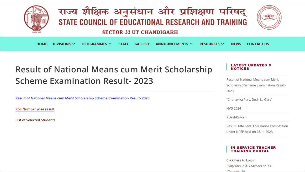 Chandigarh NMMS Result 2023 Released on scertchd.edu.in