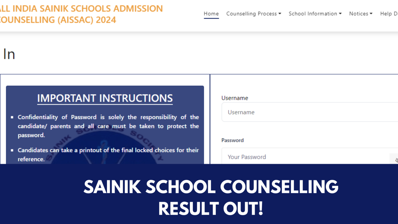 Sainik School Counselling Result 2024 OUT, Check AISSEE Class 6, 9 Round 1 Seat Allotment Result Here