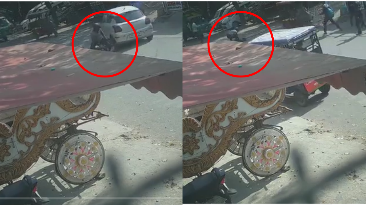 A purported CCTV footage of the incident shows the woman riding pillion on a bike. She falls off the bike after a car hits it from behind.