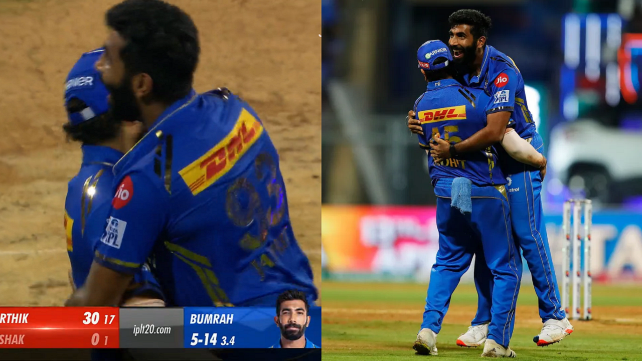 Rohit Sharma lifts Jasprit Bumrah after his five-wicket haul against RCB in IPL 2024