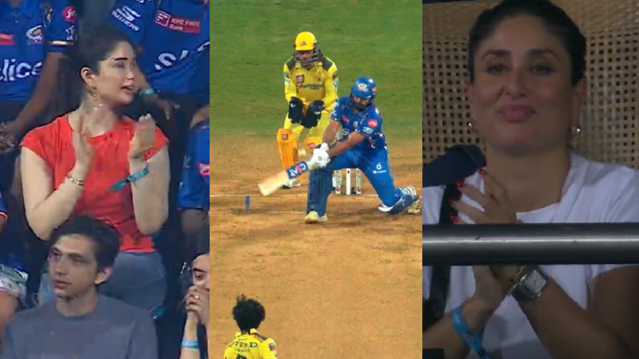 Kareena Kapoor and Sara Tendulkar celebrate after Rohit Sharma reverse sweeps Ravindra Jadeja for a four