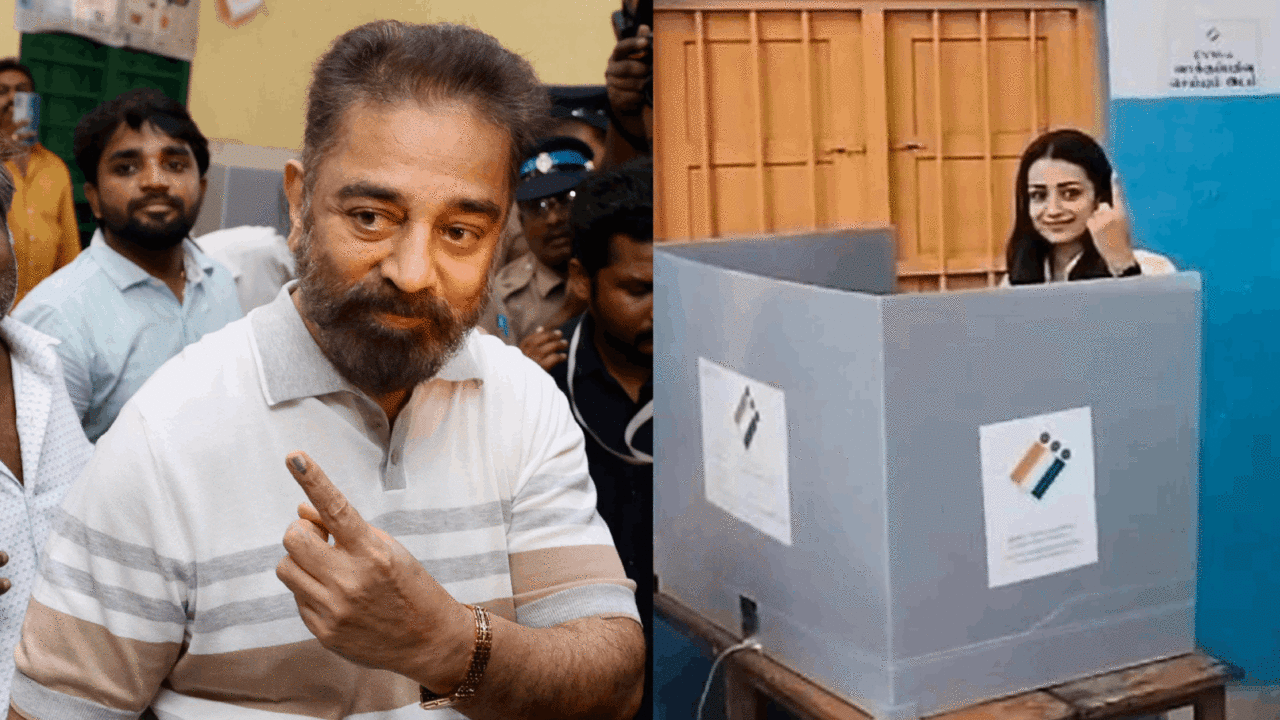 (L) Kamal Haasan Shows his Inked Finger; (R) Trisha Casting Her Vote