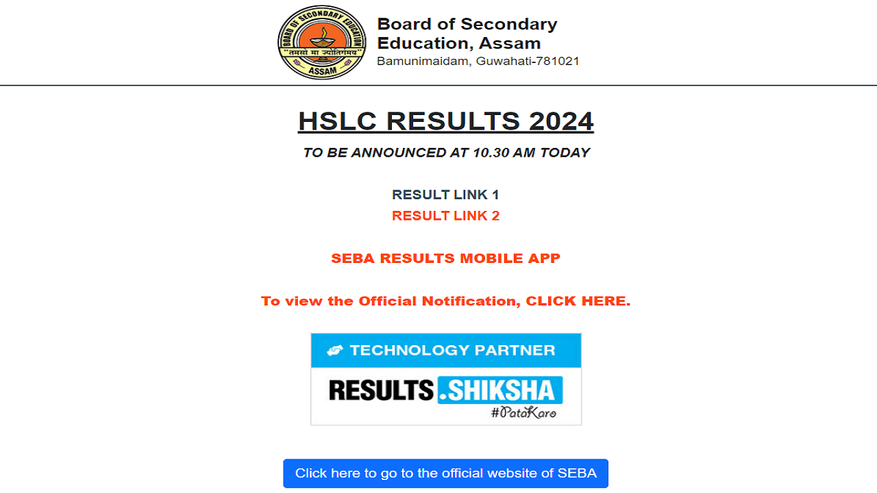 resultsassam.nic.in 2024 Assam Board SEBA HSLC Result Links