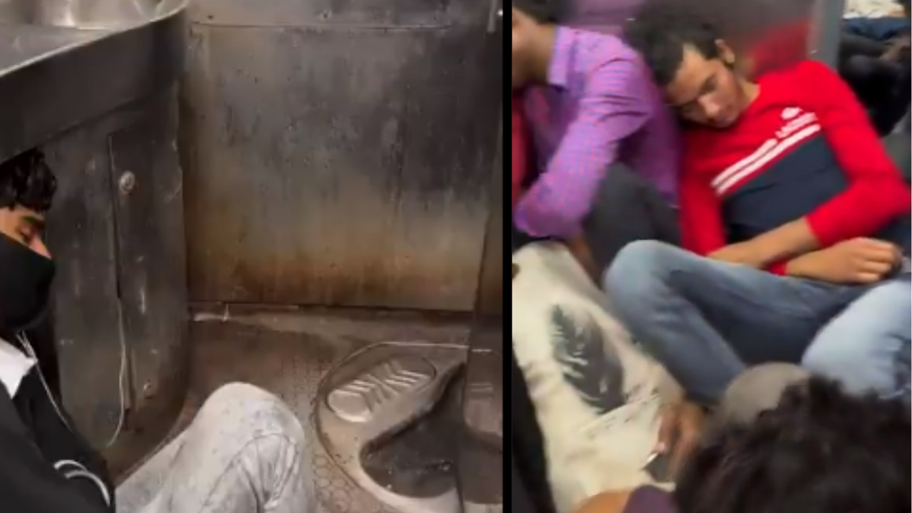 Passengers Seen Sleeping in Train Pathways and Toilets.