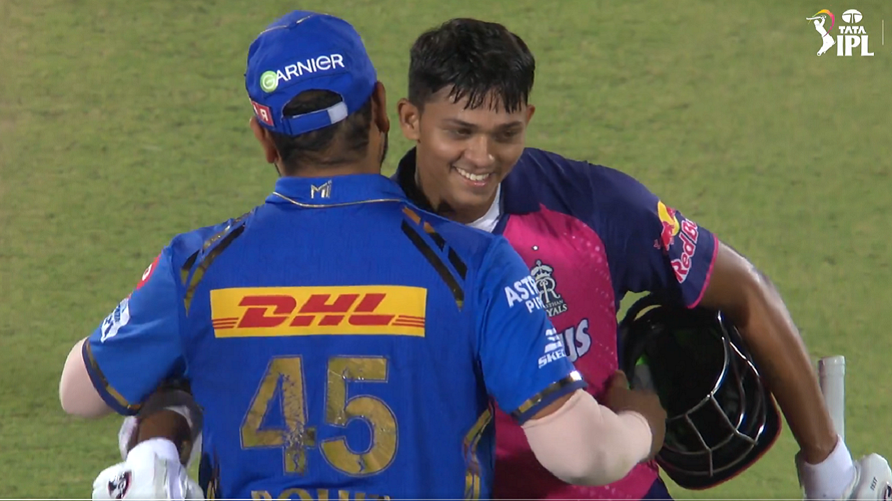 Rohit Sharma hugs Yashasvi Jaiswal after Rajasthan Royals beat Mumbai Indians by 9 wickets in IPL 2024