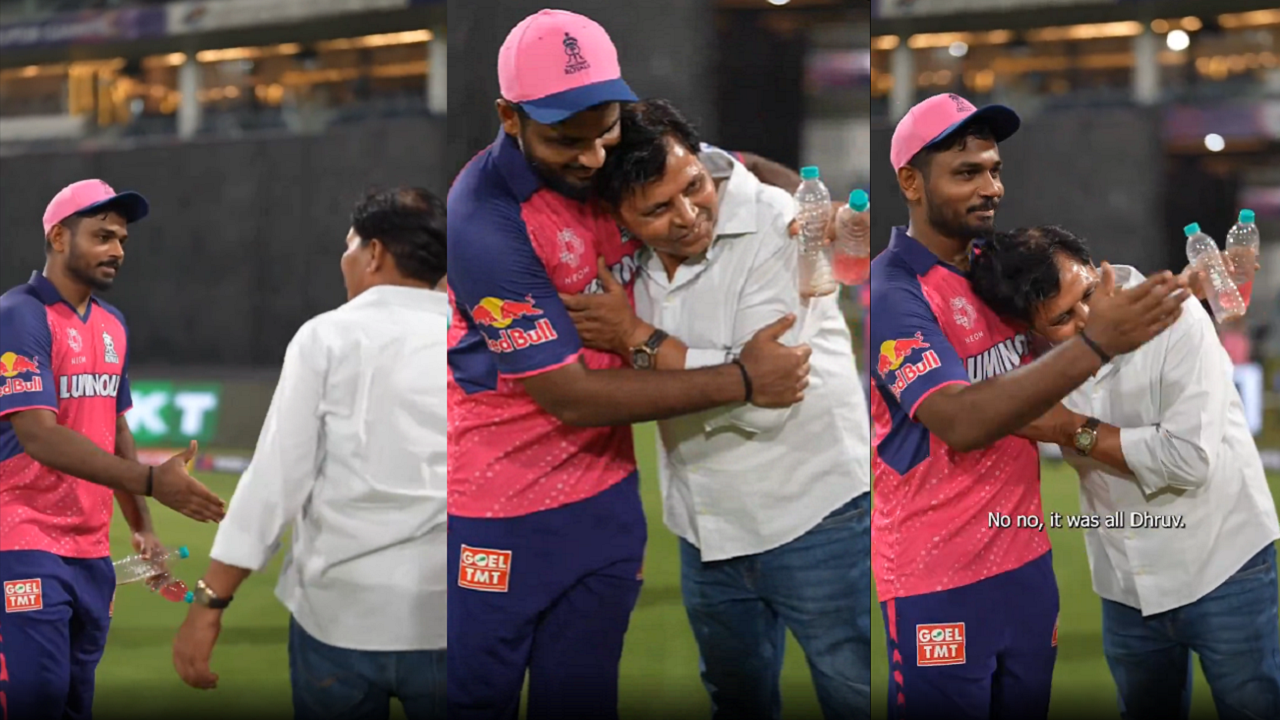 Sanju Samson hugs Dhruv Jurel's father after shining in RR's 7-wicket win over LSG