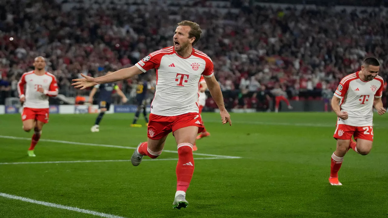 Bayer Munich's Harry Kane celebrates after scoring against Real Madrid in the Champions League