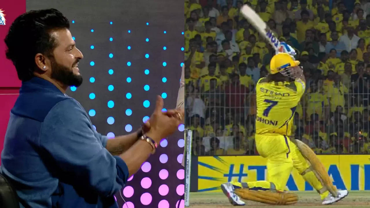 Suresh Raina celebrates after MS Dhoni hit six off Arshdeep Singh's bowling in IPL 2024 match between CSK and PBKS