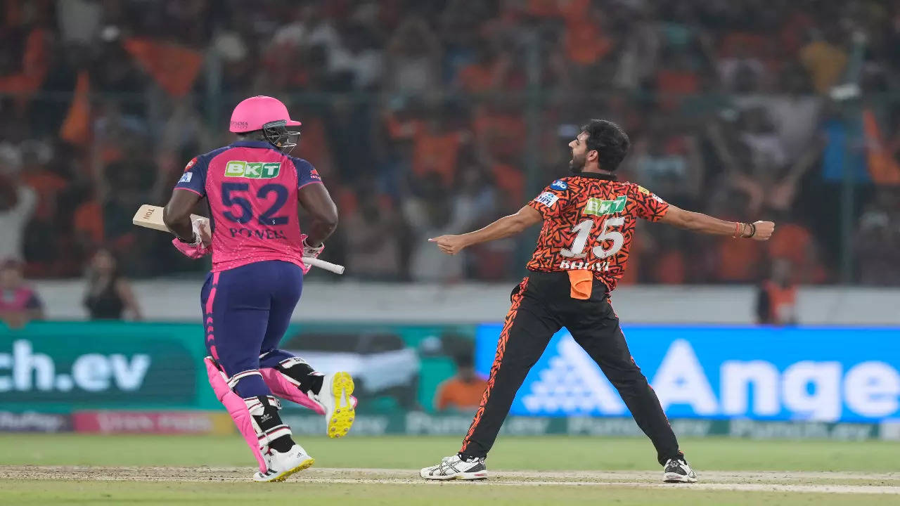 Bhuvneshwar Kumar celebrates the wicket of Rovman Powell in Hyderabad