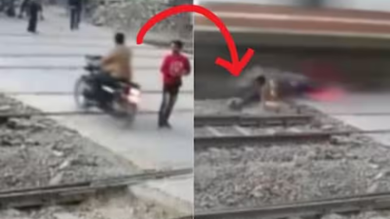 Viral Video: Biker Cheats Death in Jaw-Dropping Escape at Railway Crossing. Watch